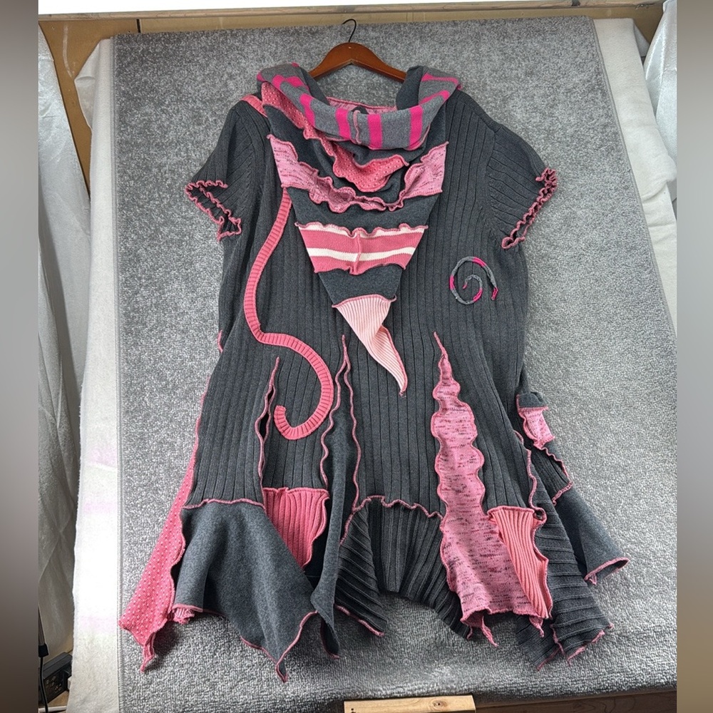 Upcycled Fairy Elf Gypsy Hood Sweater Festival  Renaissance Gray Pink Womens M